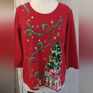 Ruby Red Christmas Top Painted Tree With Sequins And Glitter. Sz L #0422